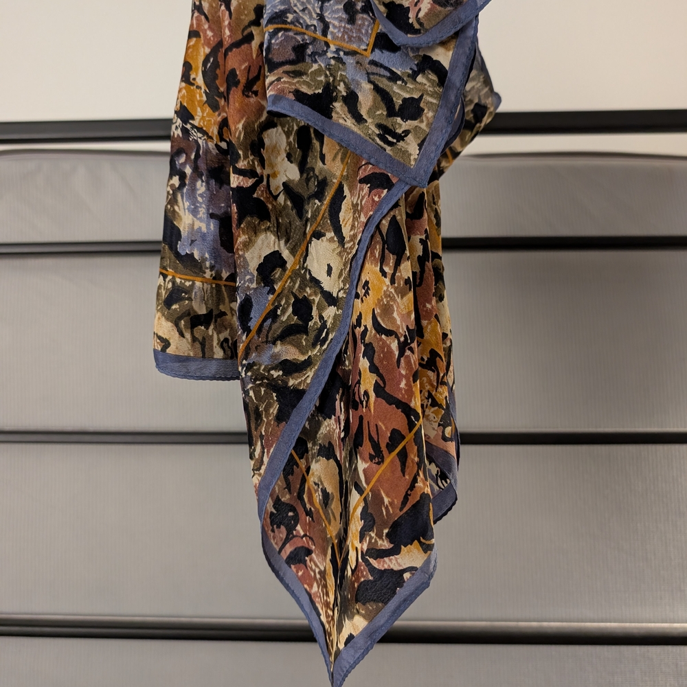 Floral Patterned Scarf with Blue Trim